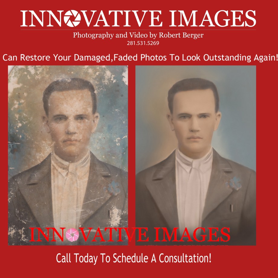 Photo Photograph Picture Restoration , we fix old faded damaged photos in color or black and white to look outstanding again! Innovative Images Photography by Robert Berger, Houston Texas