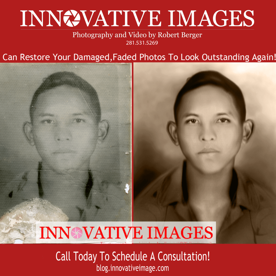 Photo Photograph Picture Restoration , we fix old faded damaged photos in color or black and white to look outstanding again! Innovative Images Photography by Robert Berger, Houston Texas
